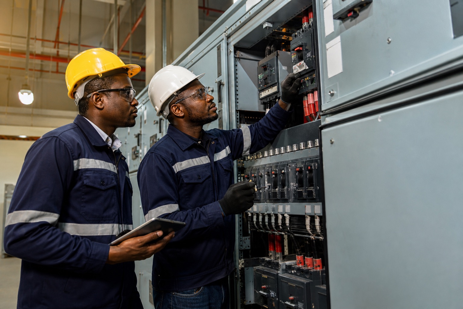 Técnicos da MasterTech a trabalhar num quadro elétrico
